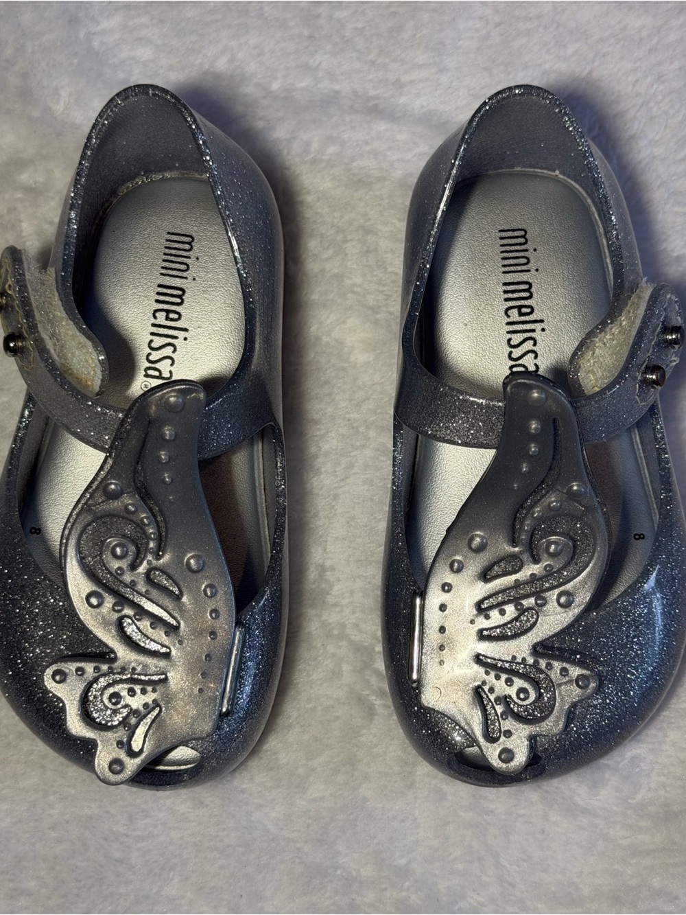 Mini Melissa Girls' Metallic Gray Glitter Butterfly Mary Janes